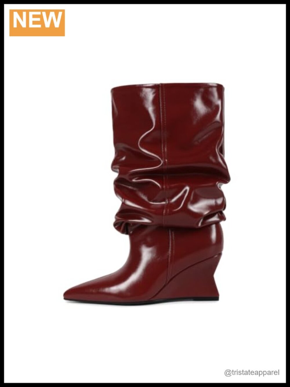 Wedge Heel Slouch Boots Mid Calf Pull On Wide Calf Pointed Toe Leather Women